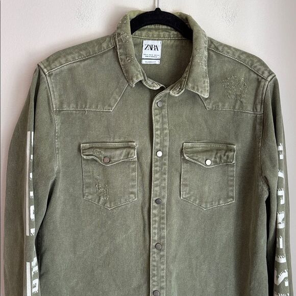 Zara Distressed heavy Jean Khaki Green Shirt Jacket Shacket men’s medium EUC! - Picture 2 of 9